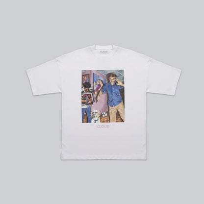 Light sample white family album T-shirt.