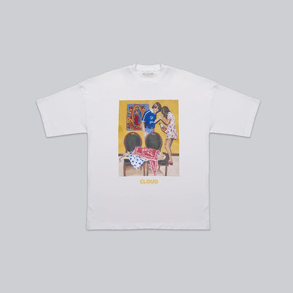 Light sample white family album T-shirt.